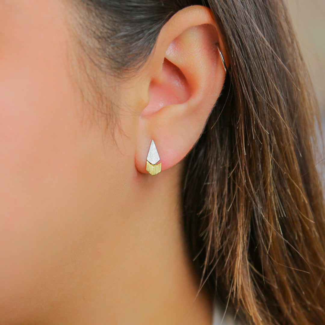 PHARAOH- Gold + Silver Earring Solid 925 Sterling Silver Fan-Shaped Stud Earring