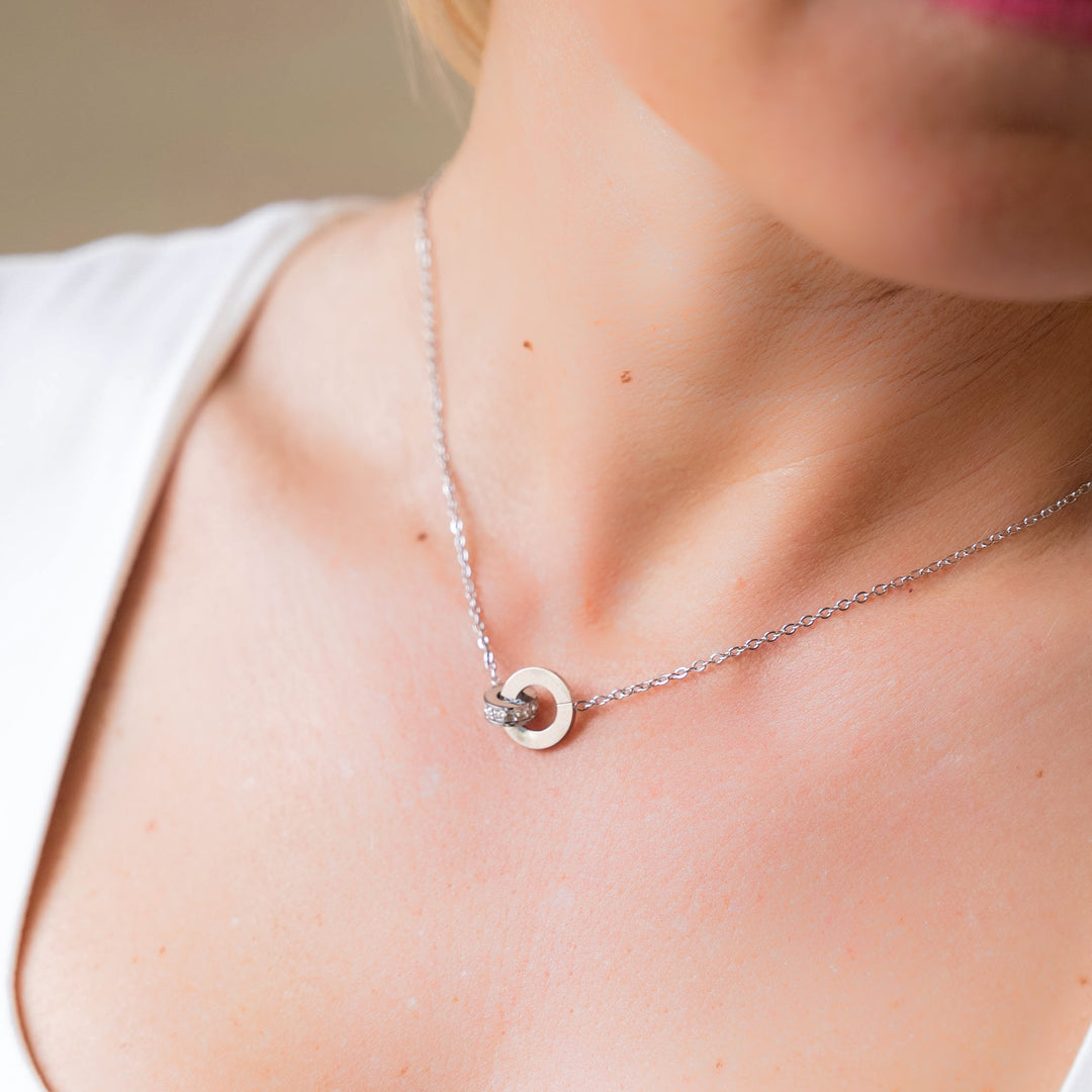 Century SILVER Necklace Roman Number Double Circle Stainless Steel 15.8 Inch