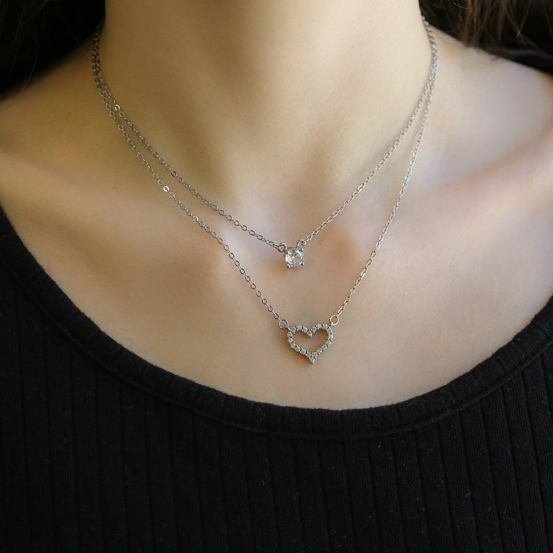 Sweetheart SILVER Necklace 925 Sterling Silver Double Heart Crystal Necklace