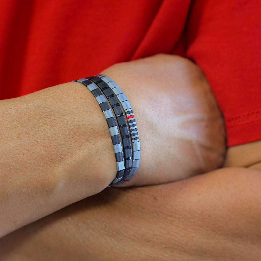 THIN RED LINE in Gray | FIREFIGHTER BRACELET | Tila Bead Bracelet Stack - Mack & Rex