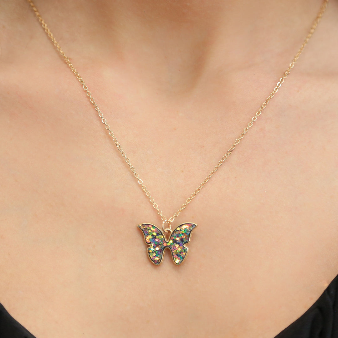 MONARCH - Multi colored Dainty Gold Chain with Butterfly Pendant Necklace