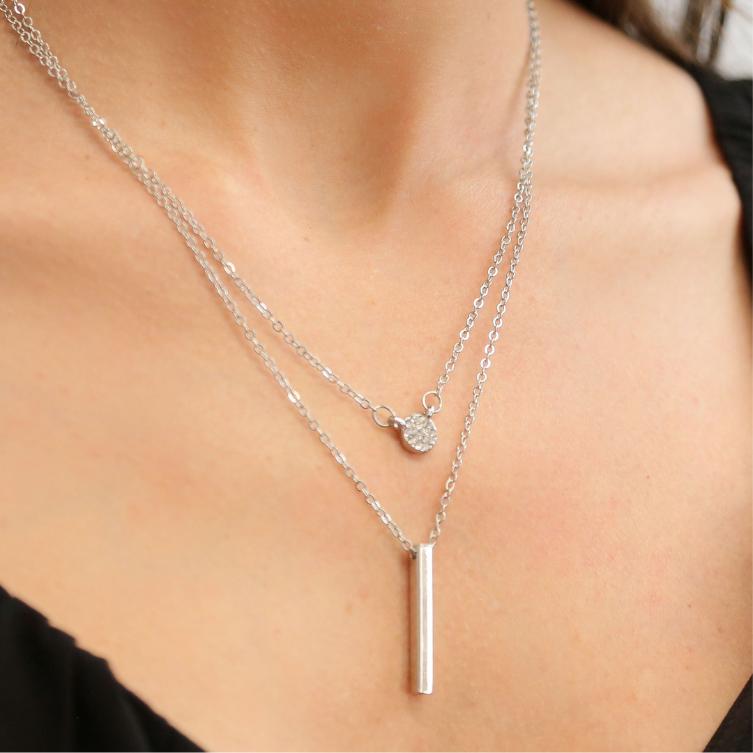 CALISTA -  Silver Double Chain Necklace with Rod and Circular Charm