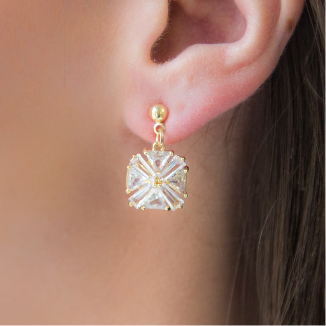 DRAMA - 18K Gold & CZ Geometric Crystal Gold Plated Earrings