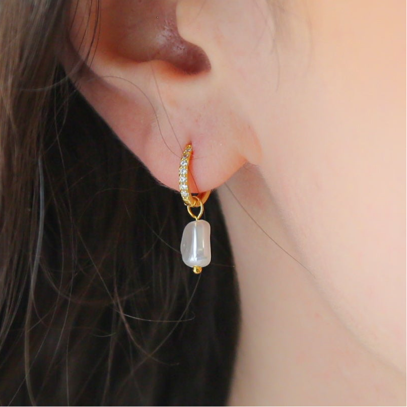 AUDREY- 18K Gold, Freshwater Pearl, and CZ Earrings