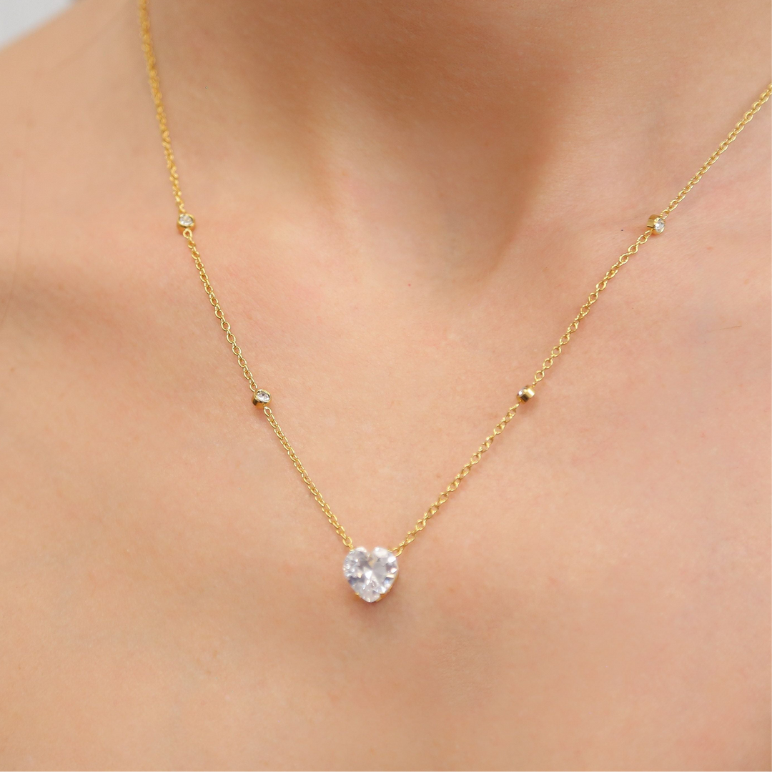 ESME - Gold Dainty Chain Necklace with CZ Heart pendant and CZ chain link