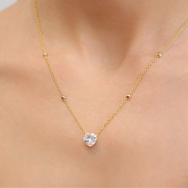 ESME - Gold Dainty Chain Necklace with CZ Heart pendant and CZ chain link