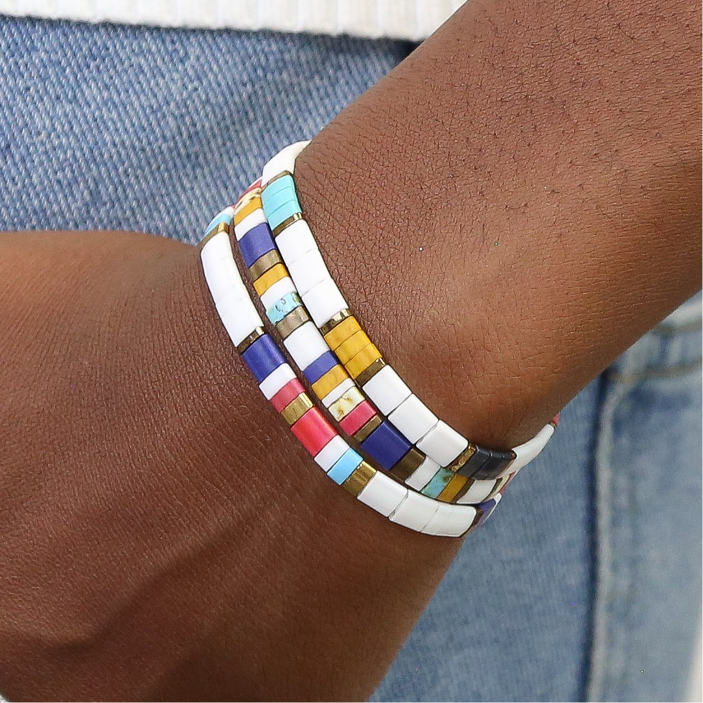 Mack & Rex Frenzy Tila Bracelet Stack Of 3 - Miyuki Tila Beads On Mack & Rex Frenzy Tila Bracelet Stack Of 3 - Miyuki Tila Beads On
