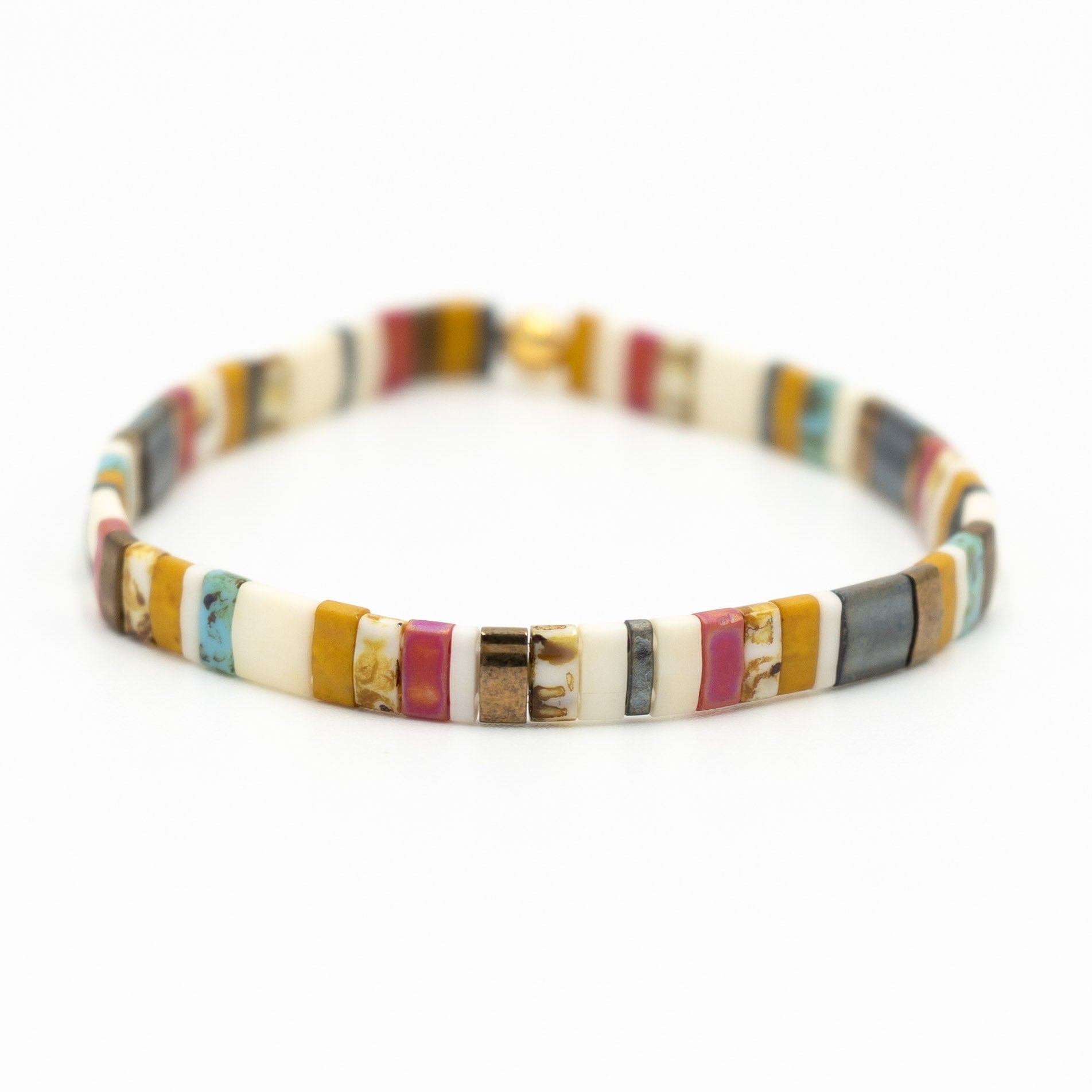 a bracelet with multicolored beads on a white background