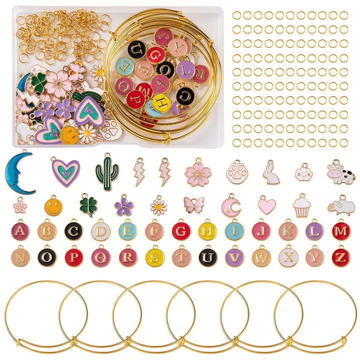 Assorted jewelry-making components including charms, beads, and wire on a white background