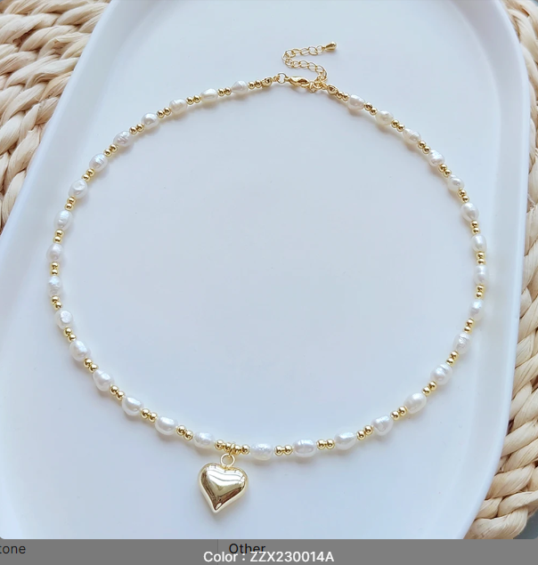 LOVER | Pearl and Heart Necklace With 18K Gold Plated Beads.