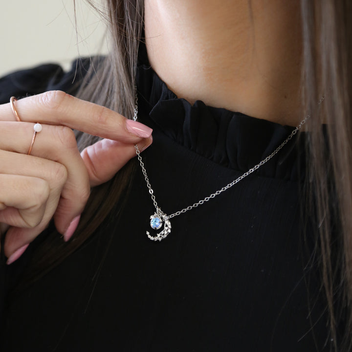 OVER THE MOON | 925 Sterling Silver Necklace With Zircon | 15.75 Inch