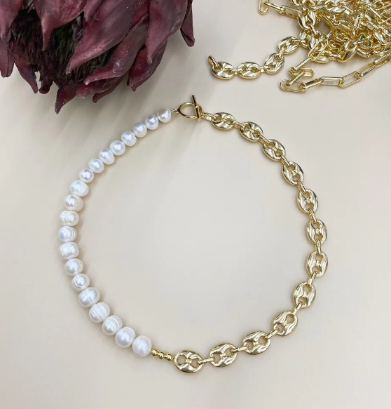 Pop Top Pearl Necklace 18k Gold Plated Beads With Freshwater Pearls