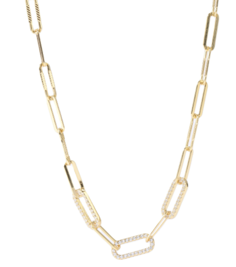 a gold chain with a diamond link on a white background