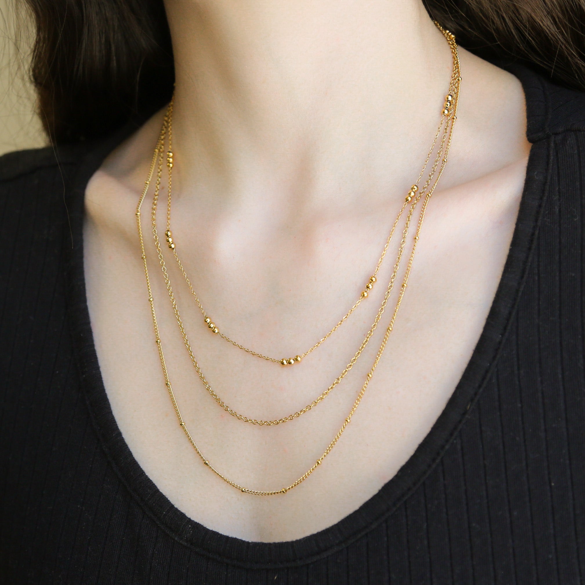 Serena Gold Necklace Simple Thin Layered Steel Bead Chain Three Layer Necklace
