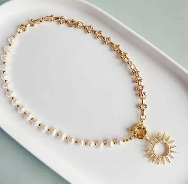 SUNNY | Pearl Necklace With 18K Gold Plated Beads And Freshwater Pearls With A Sun Charm