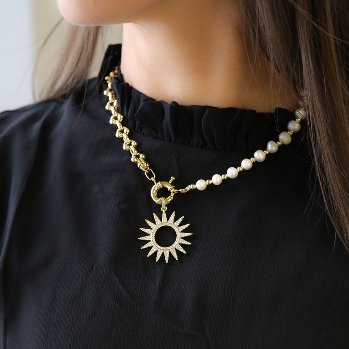 SUNNY | Pearl Necklace With 18K Gold Plated Beads And Freshwater Pearls With A Sun Charm