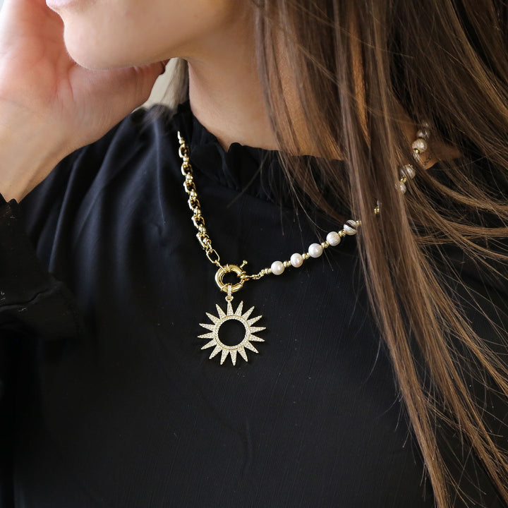 SUNNY | Pearl Necklace With 18K Gold Plated Beads And Freshwater Pearls With A Sun Charm