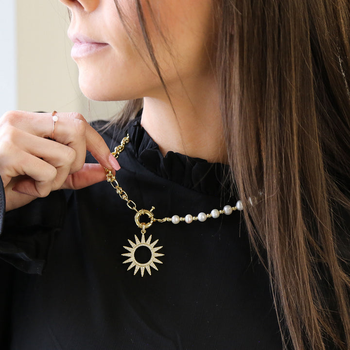 SUNNY | Pearl Necklace With 18K Gold Plated Beads And Freshwater Pearls With A Sun Charm