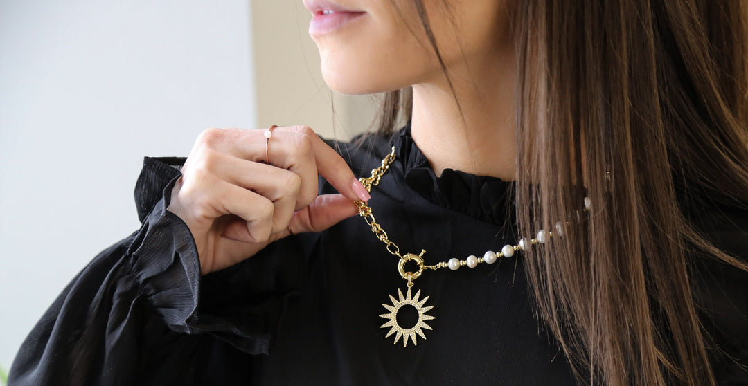 SUNNY | Pearl Necklace With 18K Gold Plated Beads And Freshwater Pearls With A Sun Charm