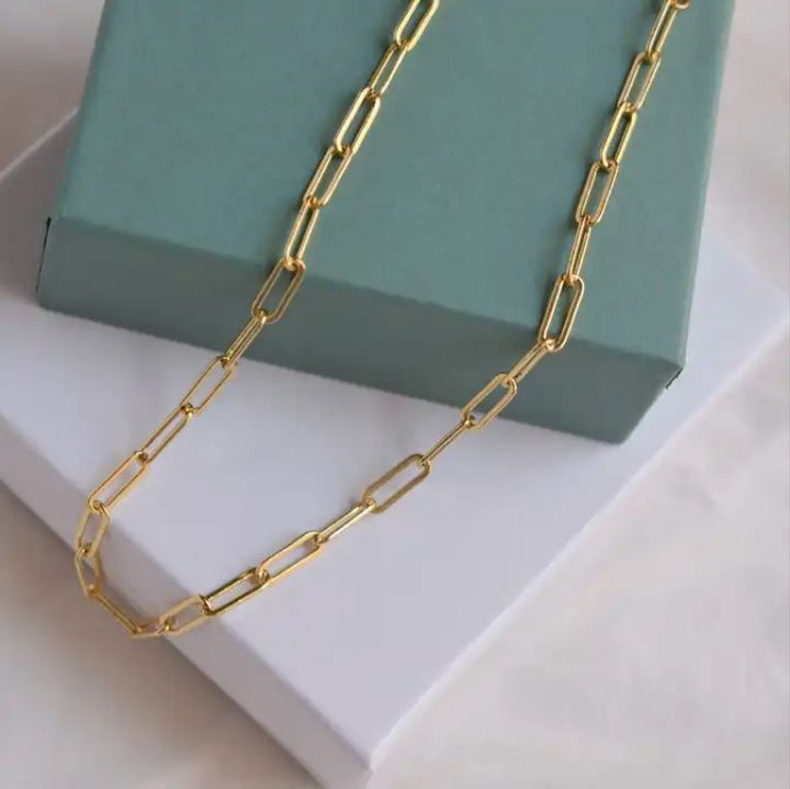 a box with a gold chain on top of it
