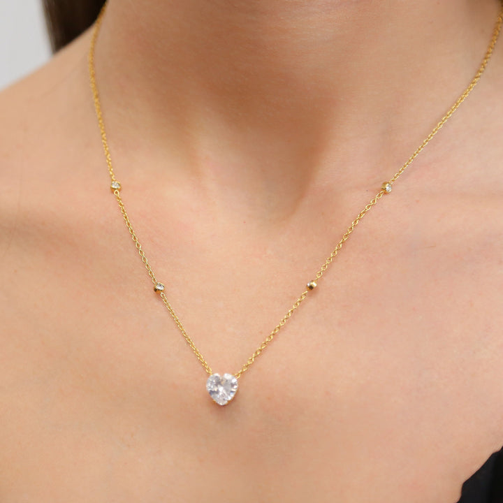 ESME - Gold Dainty Chain Necklace with CZ Heart pendant and CZ chain link