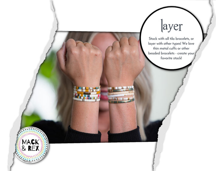 GLAM - Stretchy Tila Bracelet | Beaded Boho Bracelets | White and Silver TIla Bead Bracelet for Women || Mack & Rex